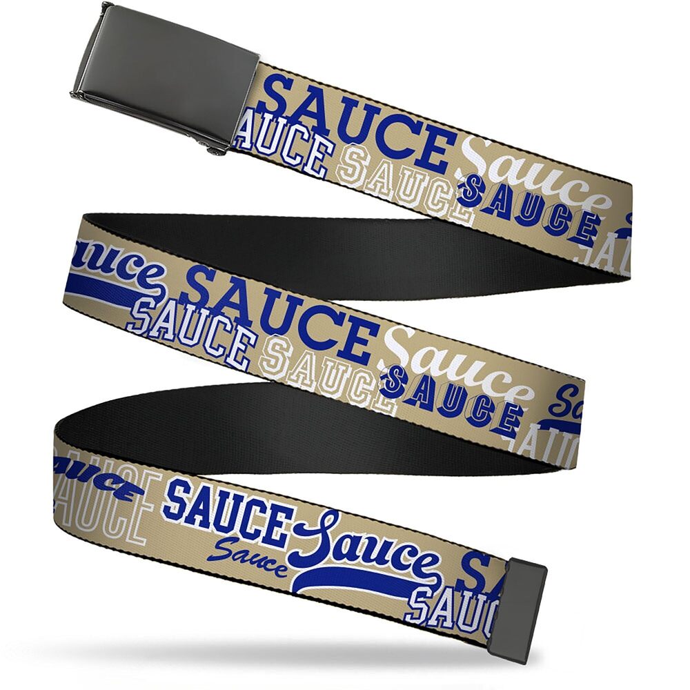 9916 Web Belt Blank Black Buckle - SAUCE Typography Collage Tan/White/Blue